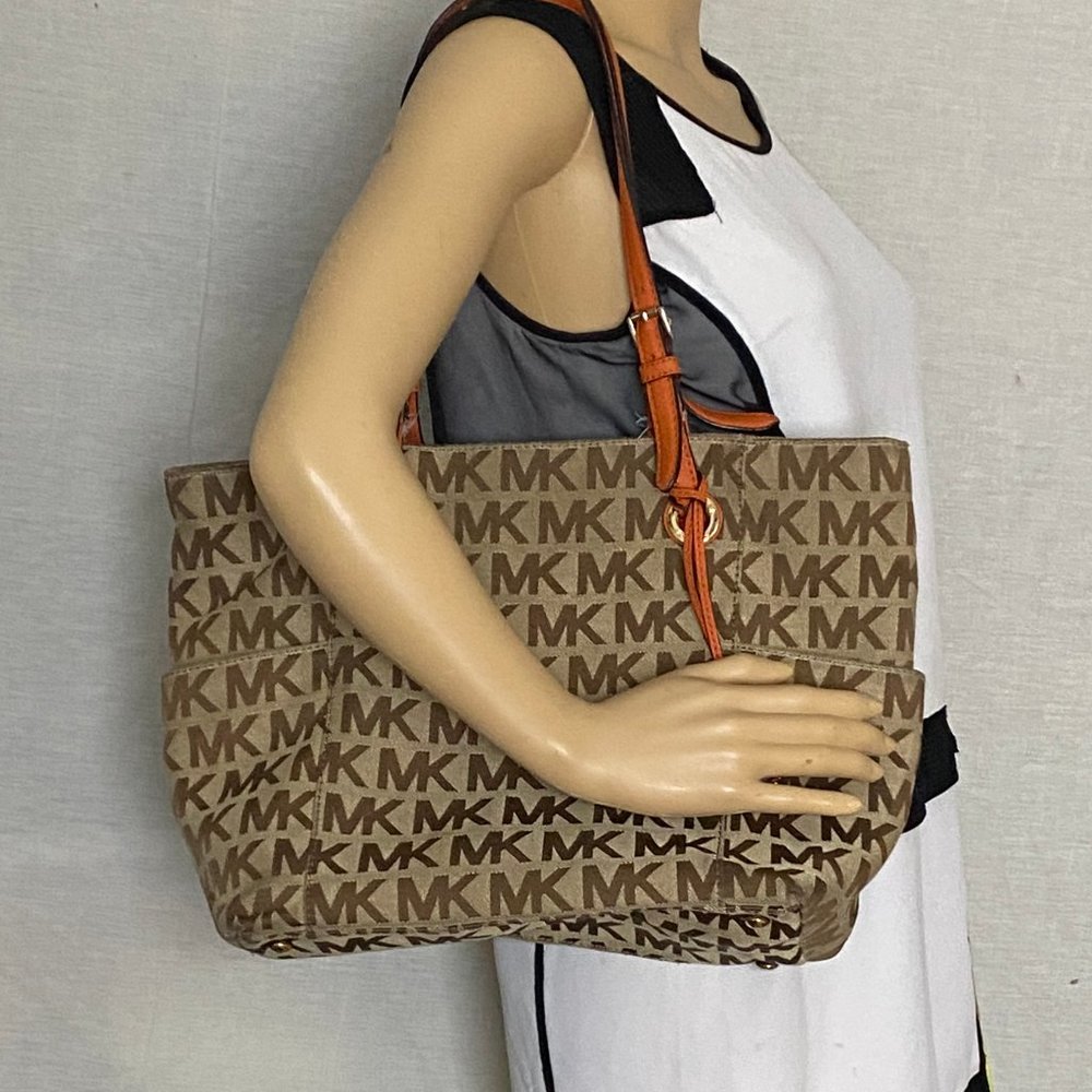 Michael Kors L Tan Orange Jacquard Fabric Tote - Picture 9 of 12